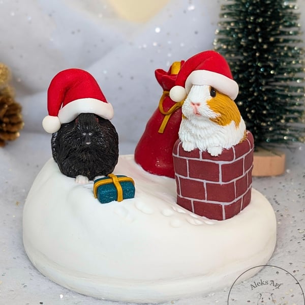 Festive Guinea Pig Sculpture, The Night Before Pigmas with Ozzie & Juniper