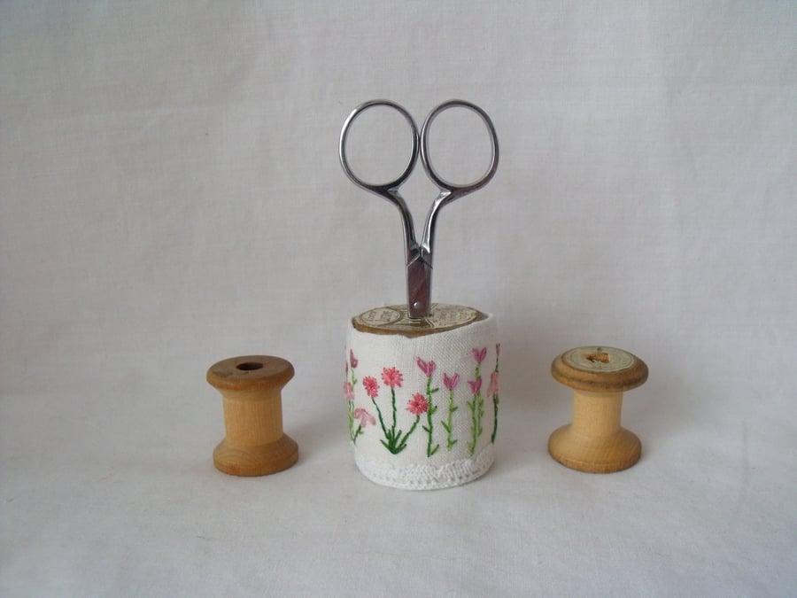 embroidered scissor holder on an old wooden bobbin for your craft room