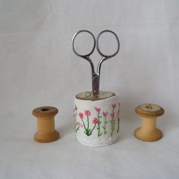 embroidered scissor holder on an old wooden bobbin for your craft room