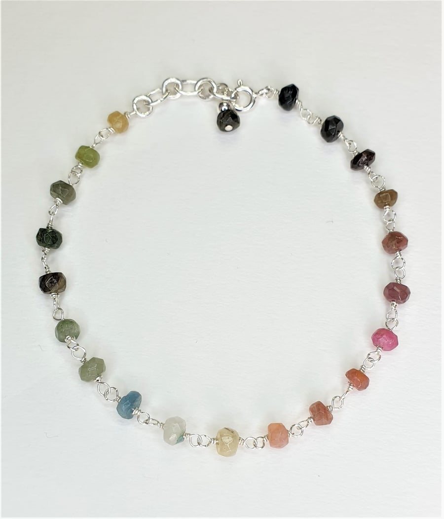 Multi-colour Tourmaline Rosary linked  Bracelet with 925 Sterling Silver