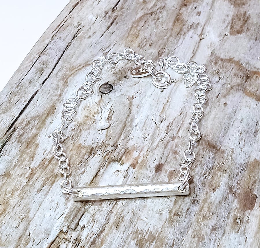Hammered Sterling Silver Bar Bracelet (BRSSCNBA1) - UK Free Post