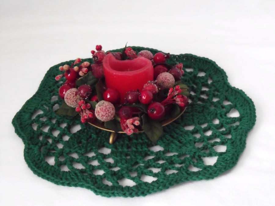 green crocheted christmas doily, cotton candle mat table decoration