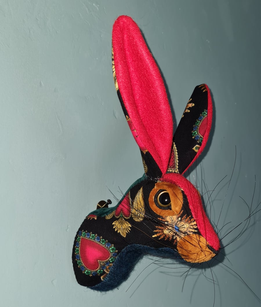 Faux hare head wall mount in Mexican milagros  fabric - Ms Corazon