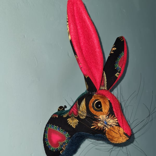 Faux hare head wall mount in Mexican milagros  fabric - Ms Corazon