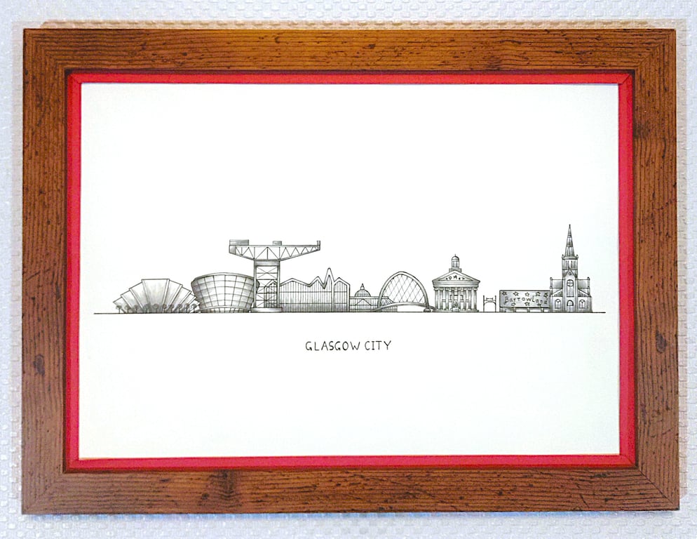 Glasgow Cityscape Handmade Unique Framed A3 Print Red Border Wallart Gift