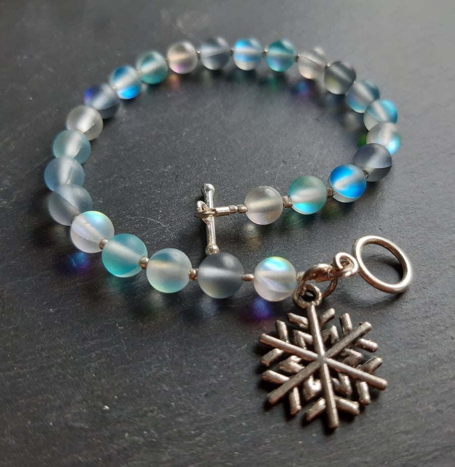 Tibetan Silver and Mermaid glass bracelet with Snowflake charm 