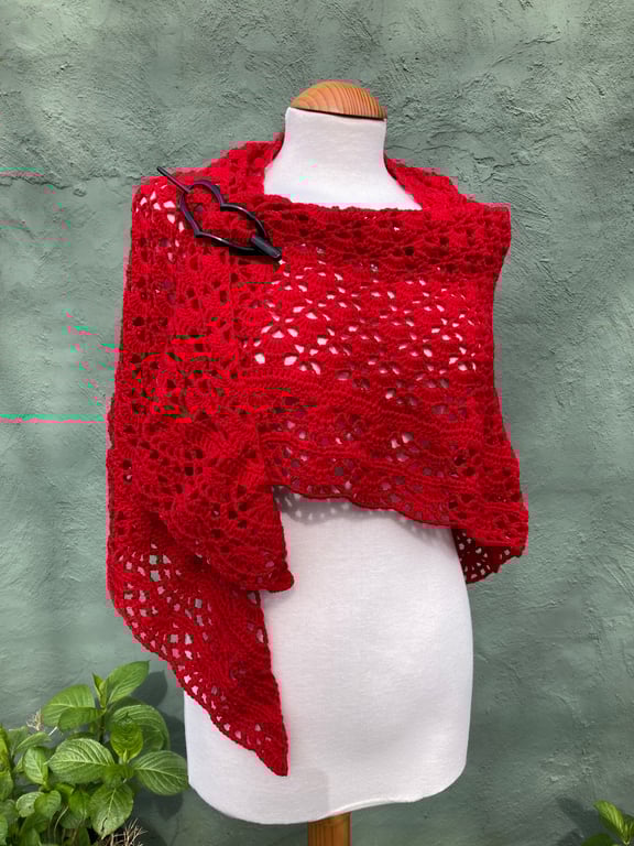 Love Red soft Merino Wool Triangle Handmade Lace Shawl Scarf Wrap