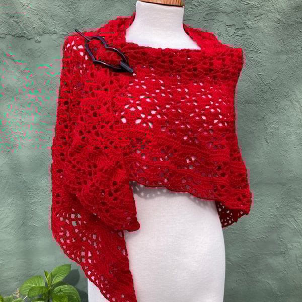 Love Red soft Merino Wool Triangle Handmade Lace Shawl Scarf Wrap