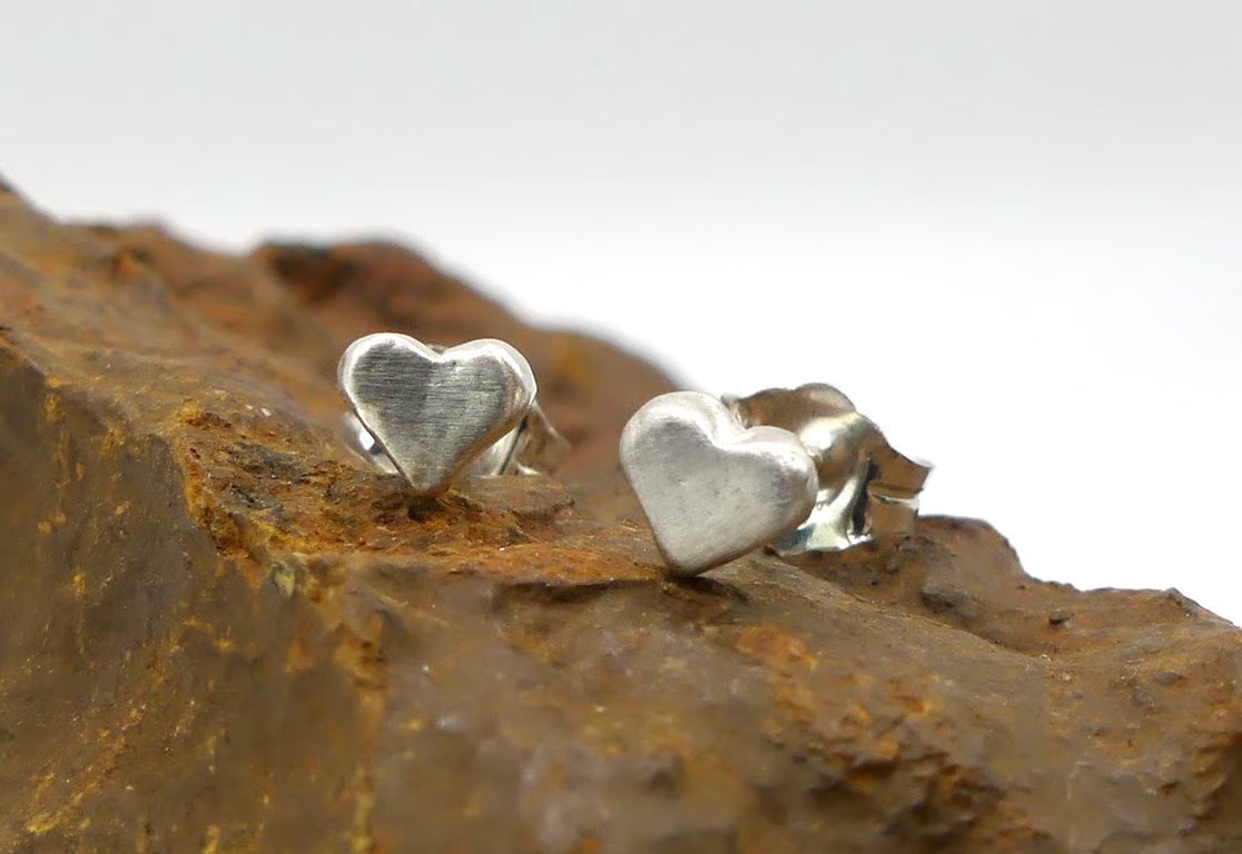 Sterling Silver Heart Stud Earrings, 25th Anniversary Gift, Handmade Jewellery