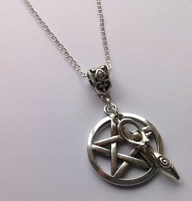 Goddess Pentagram Pentacle Necklace Silver Plate 