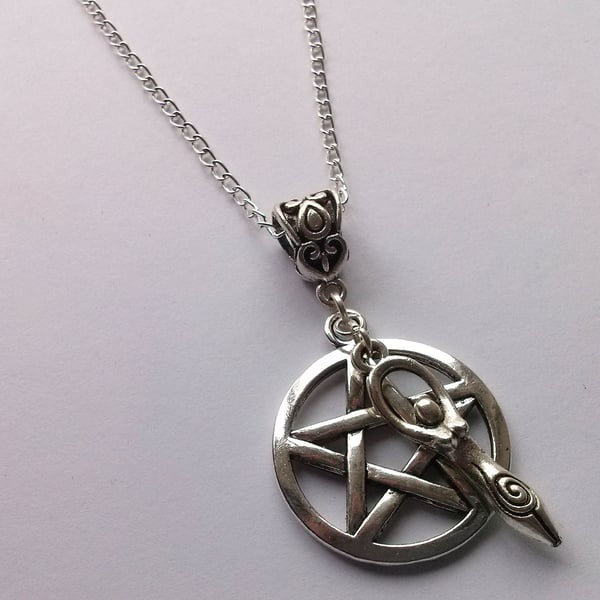Goddess Pentagram Pentacle Necklace Silver Plate 