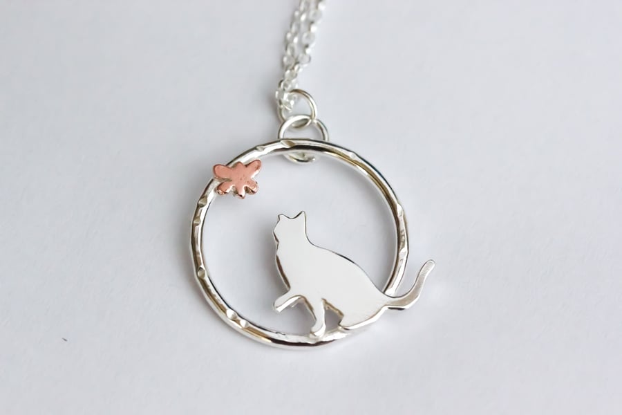 Cat and butterfly necklace - sterling silver and copper 