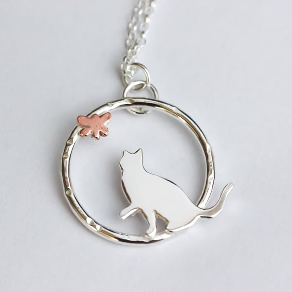 Cat and butterfly necklace - sterling silver and copper 