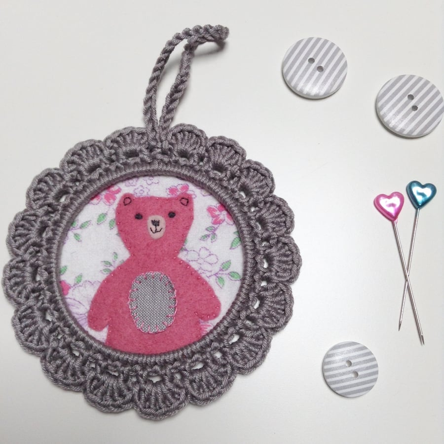 Pink Teddy Wall Decoration Picture in Crochet Frame