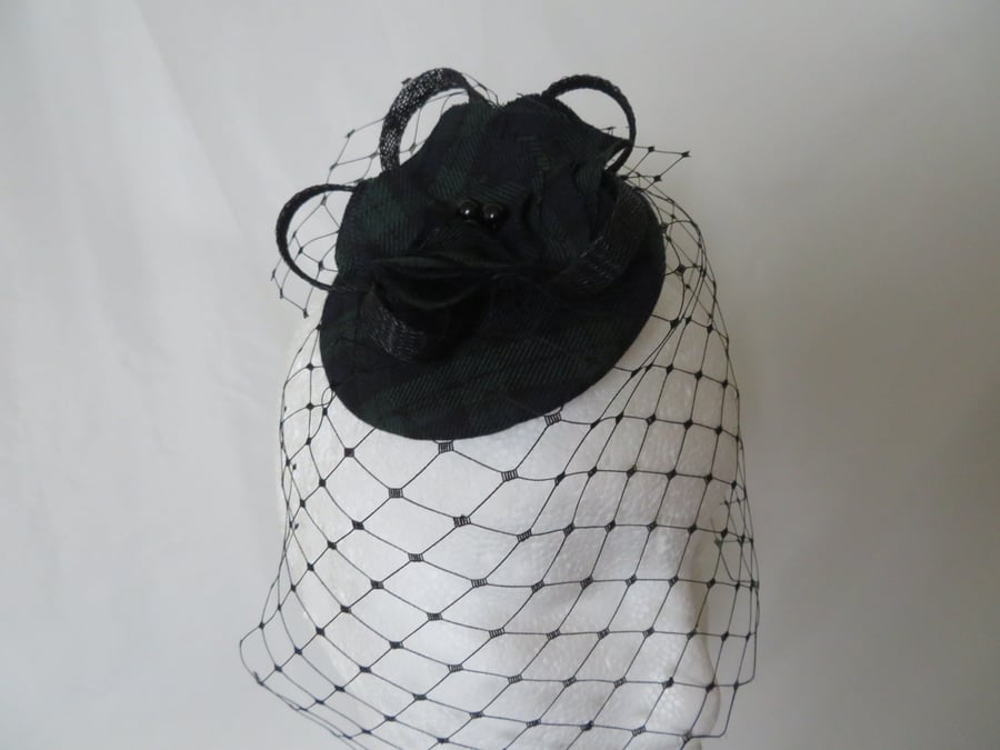 Black Watch Tartan Navy & Dark Green Veiled Cocktail Percher Fascinator Hat 