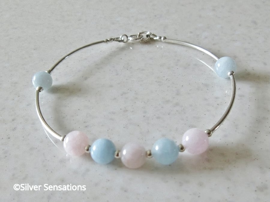 Natural Pastel Pink & Blue Morganite Bracelet With Sterling Silver Curved Tubes