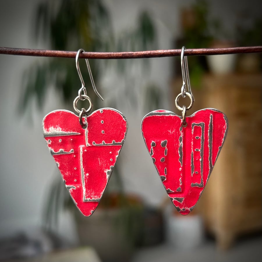 Red Embossed Upcycled Tin Heart Earrings