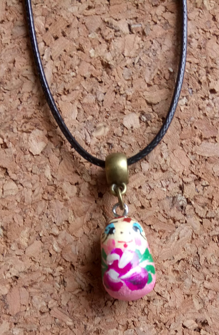 Hand Painted Wooden Russian Dolly Charm on Leather Necklace