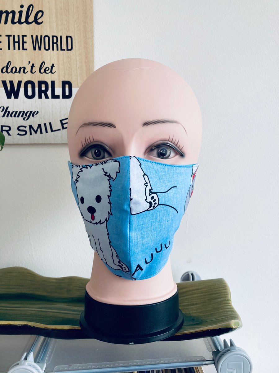 Handmade 3 layers dog blue reusable adult face mask.