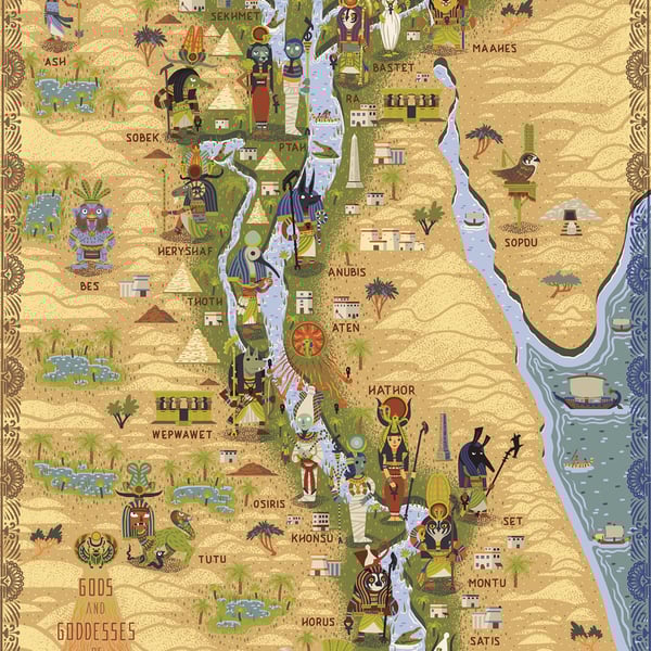 Illustrated Map, Gods and Goddesses of Ancient Egypt, A3 Art print - Poster