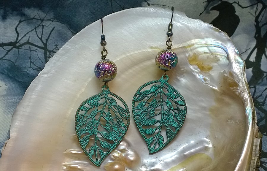 Leaf and Rainbow Lava Stone Earrings, Verdigris, Long Drop Earrings 