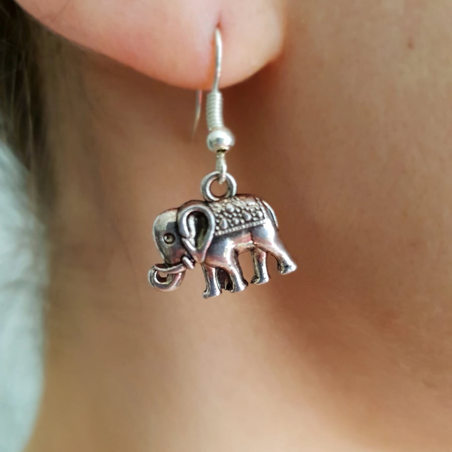 Women's Boho Hippie Silver-Plated Ear Hook Elephant Charm Earrings