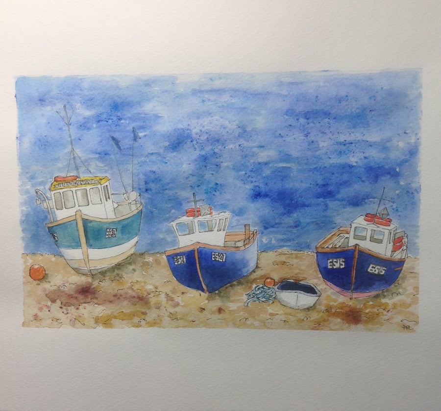 Boats at Beer Devon original watercolour painting