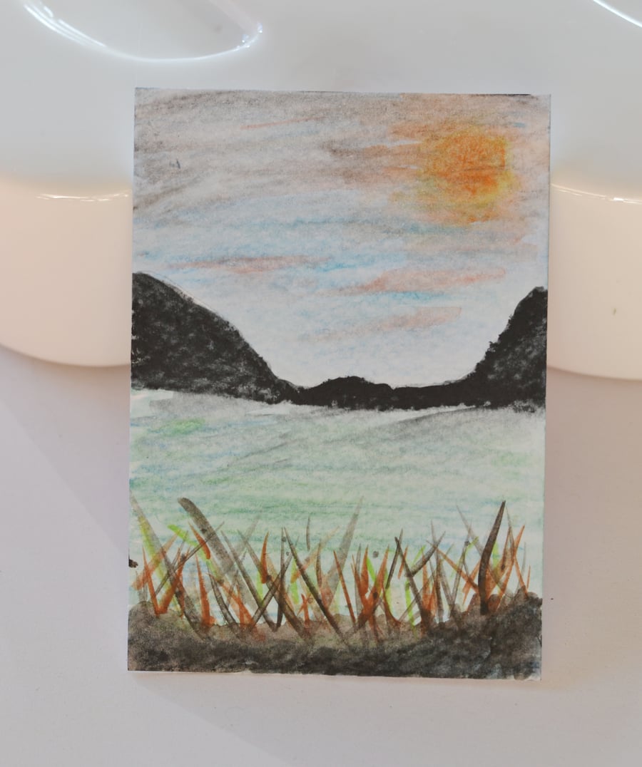 Lake and Mountain Aceo WaterColour Painting,  Miniture Art