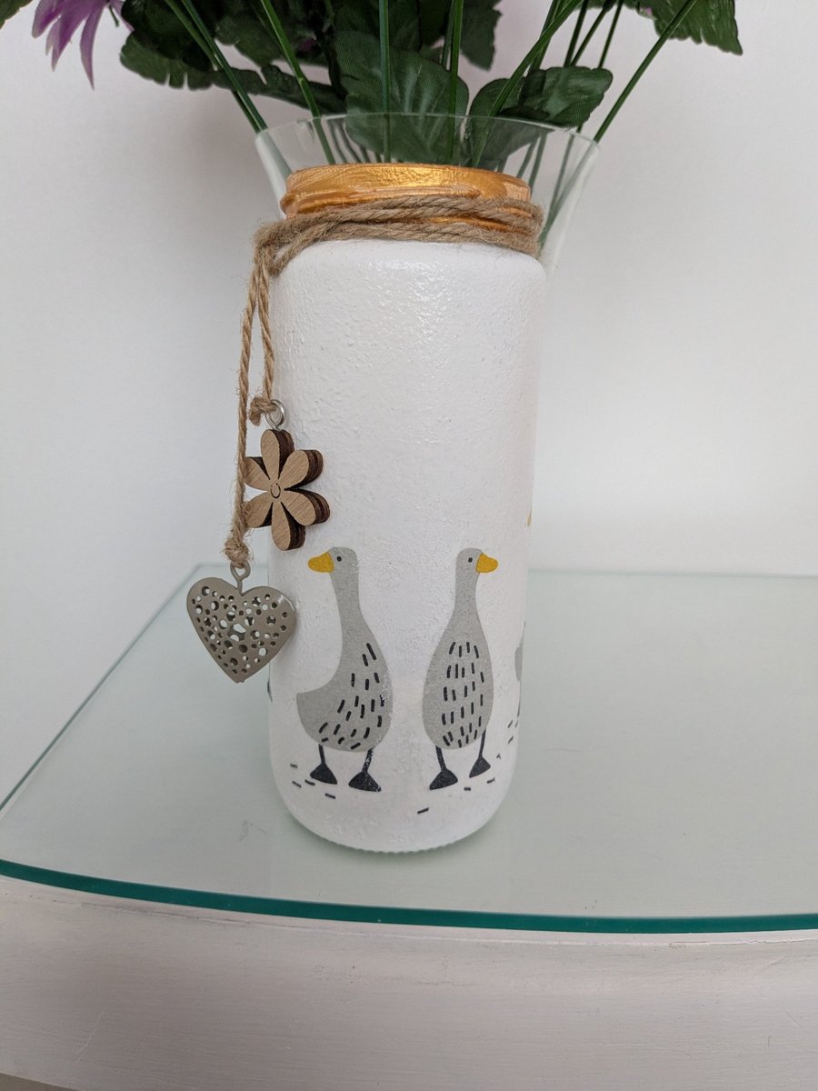 Duck decoupaged container for pens, flowers bits and pieces