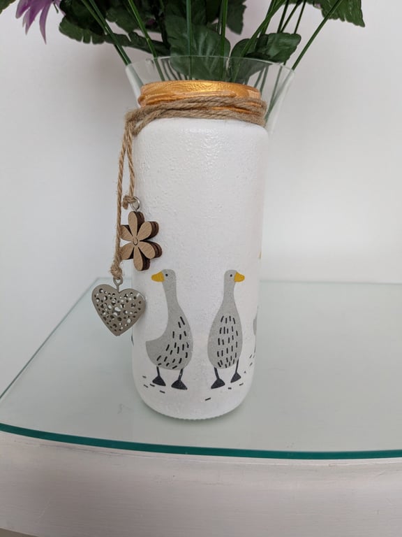 Duck decoupaged container for pens, flowers bits and pieces