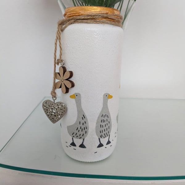 Duck decoupaged container for pens, flowers bits and pieces