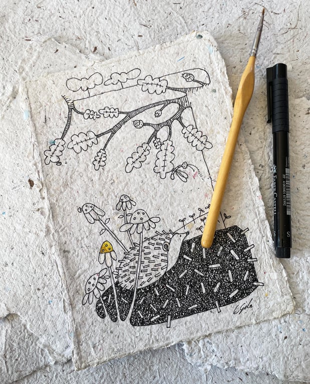 Under the oak tree - original illustration on handmade paper. Cheeky hedgehog.