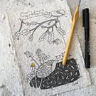 Under the oak tree - original illustration on handmade paper. Cheeky hedgehog.