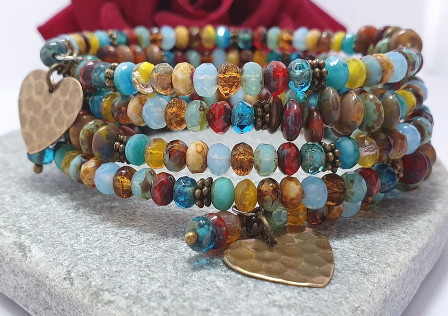 Colourful beaded memory wire wrap bracelet with heart charms