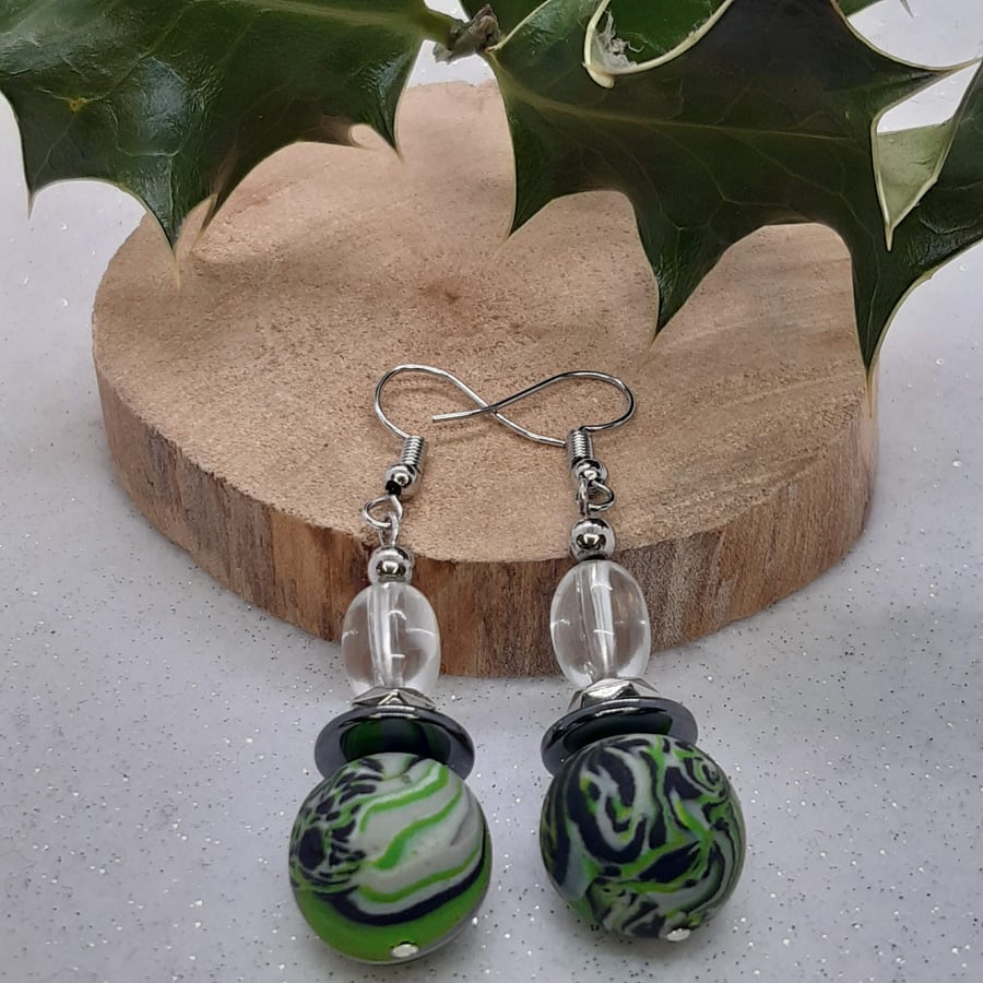  Dangly polymer clay earrings in dark green, black and grey swirl