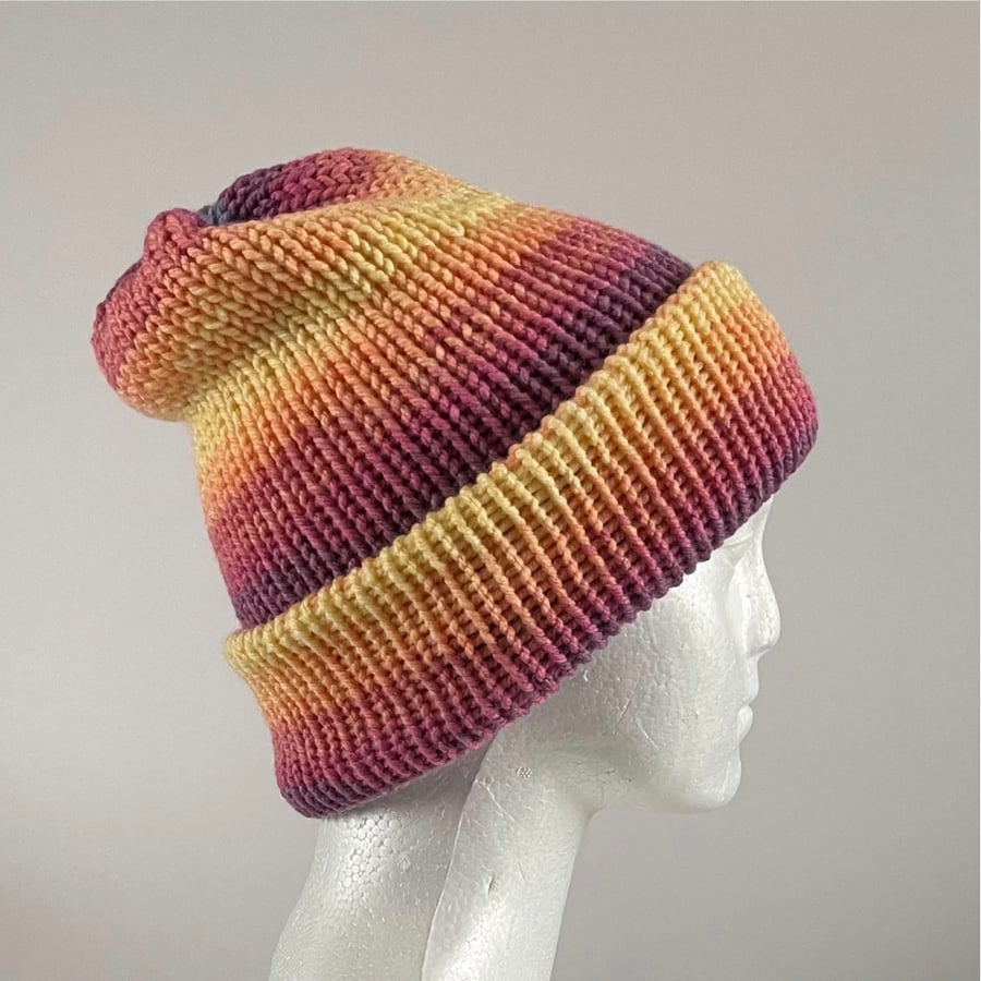  Adult Rainbow Slouchy Beanie, Handmade Double Layered, Unisex Wolly Hat