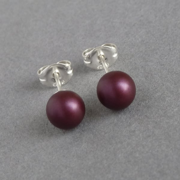 6mm Elderberry Swarovski Pearl Stud Earrings - Small Plum Ball Studs - Gifts