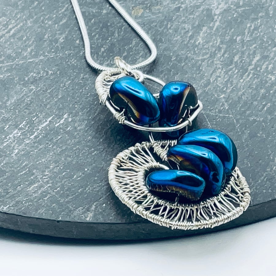 Sparkling midnight blue hematite beaded and silver  pendant