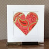 Hand painted patterned red and gold heart Art Card. 