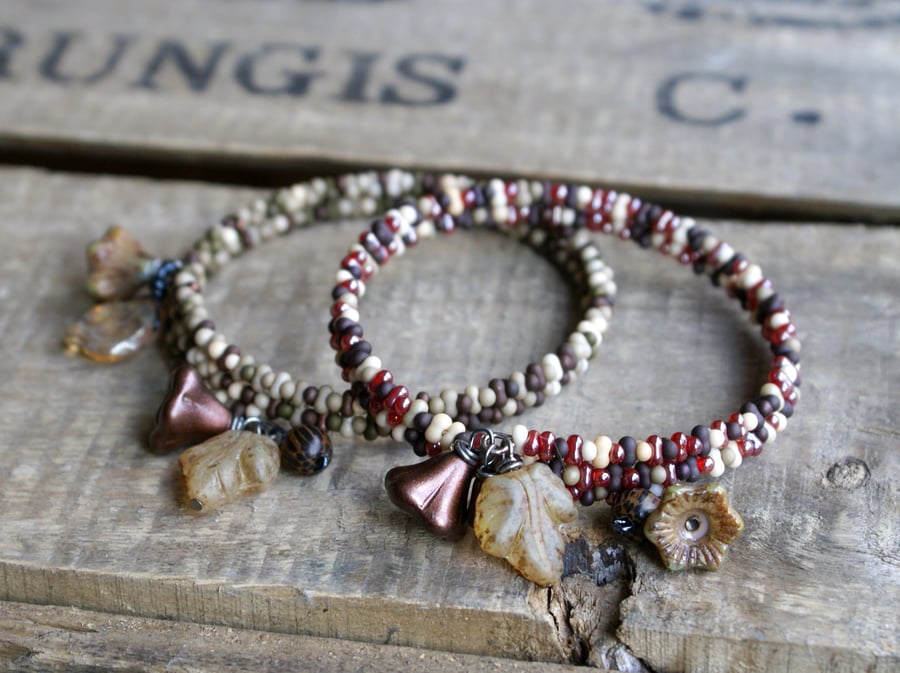Rustic Memory Wire Bracelet Pair - Woodland Berries