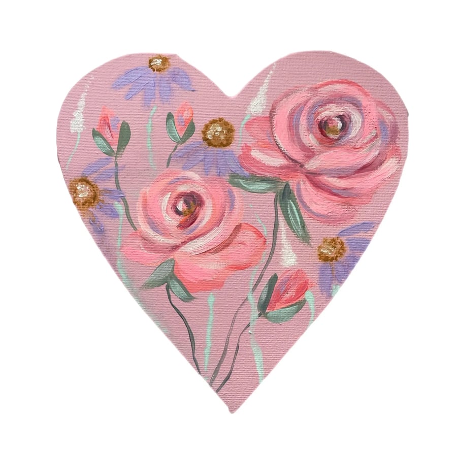 Pink Rose painting on heart canvas - acrylic hand painted wall art 20cm 