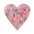 Pink Rose painting on heart canvas - acrylic hand painted wall art 20cm 