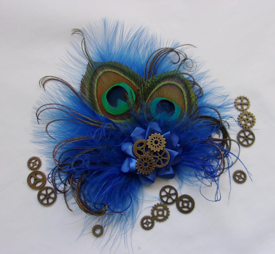 Royal Blue Peacock Feather Steampunk Hair Clip Fascinator