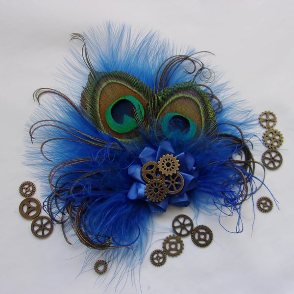 Royal Blue Peacock Feather Steampunk Hair Clip Fascinator