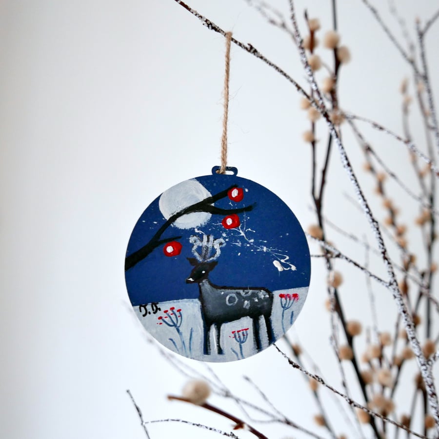 Blue Christmas Bauble, Deer Artwork, Animal Decoration, Wildlife, Countryside