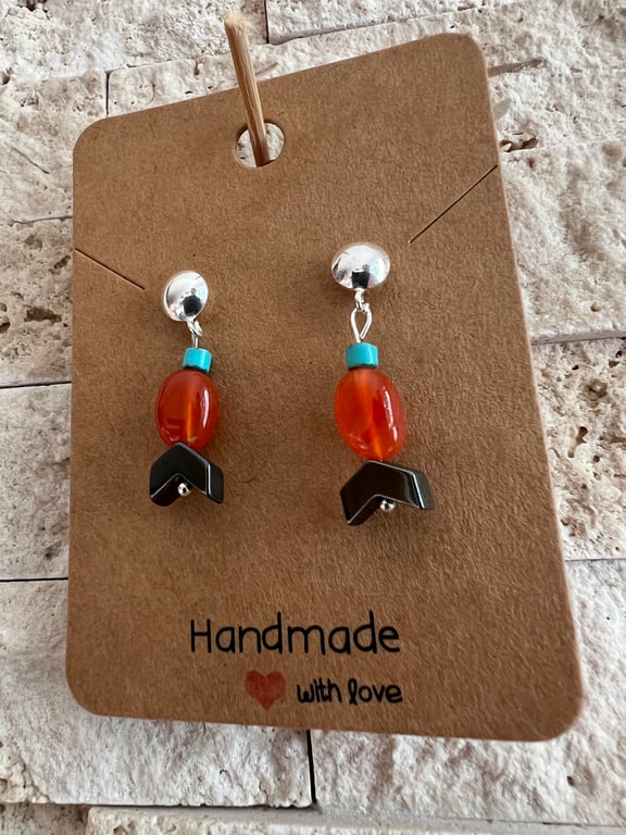 Carnelian,turquoise,hematite drop stud earrings 