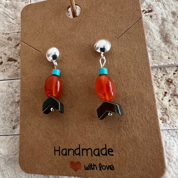 Carnelian,turquoise,hematite drop stud earrings 