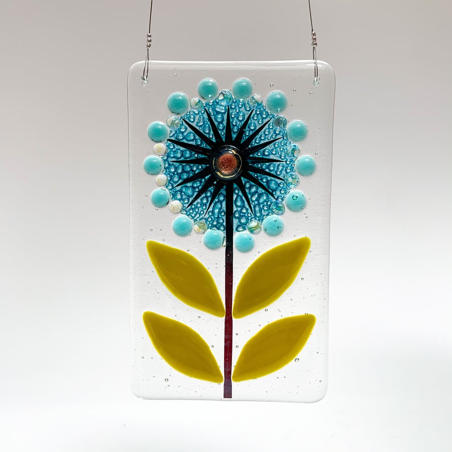 Fused Glass Turquoise Allium 2 Hanging - Handmade Glass Suncatcher