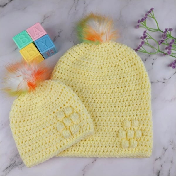 Matching Mum and Baby Crochet Hats, Lemon Yellow Pom Pom Beanie Set