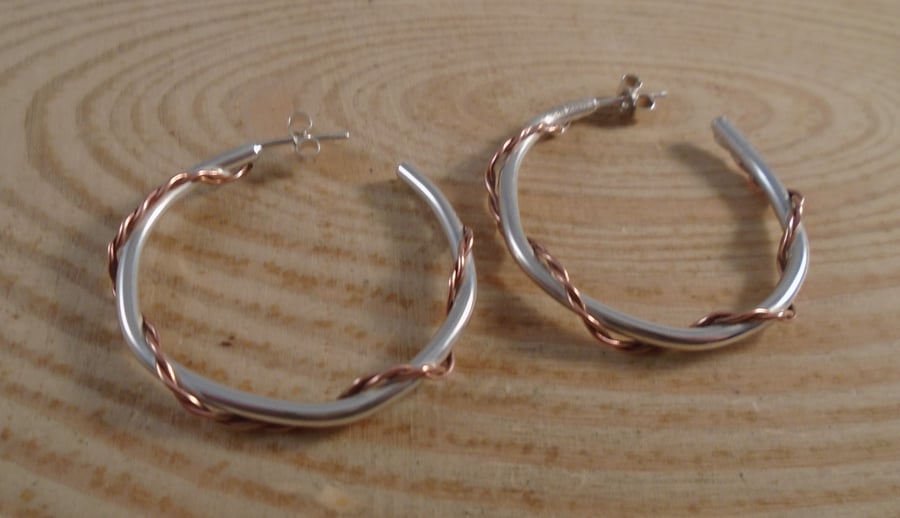 Sterling Silver and Copper Rope Hoop Earrings